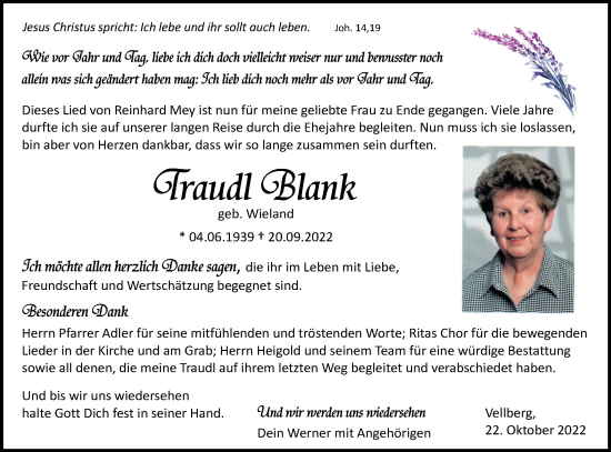 Traueranzeige von Traudl Blank von Haller Tagblatt