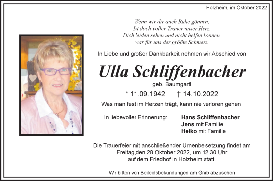 Traueranzeige von Ulla Schliffenbacher von NWZ Neue Württembergische Zeitung