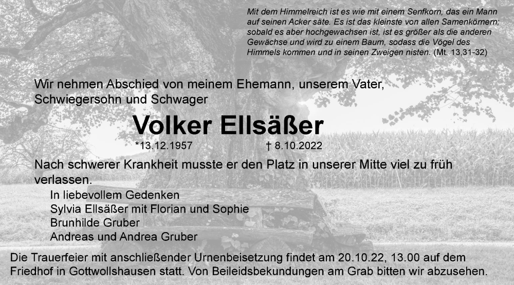  Traueranzeige für Volker Ellsäßer vom 12.10.2022 aus Haller Tagblatt