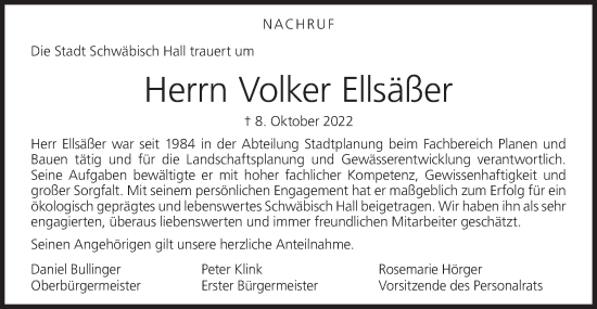 Traueranzeige von Volker Ellsäßer von Haller Tagblatt