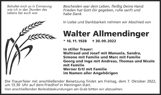 Traueranzeige von Walter Allmendinger von NWZ Neue Württembergische Zeitung