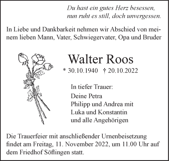 Traueranzeige von Walter Roos von SÜDWEST PRESSE Ausgabe Ulm/Neu-Ulm