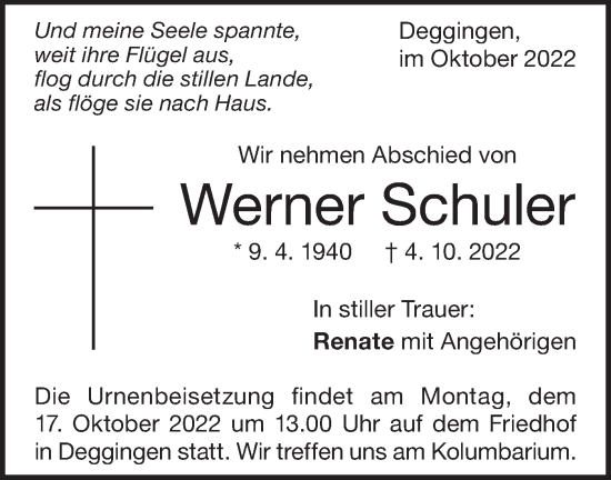 Traueranzeige von Werner Schuler von Geislinger Zeitung