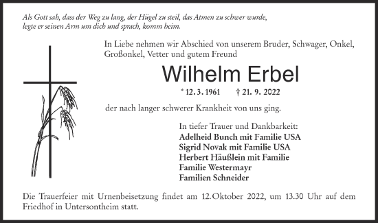 Traueranzeige von Wilhelm Erbel von Haller Tagblatt