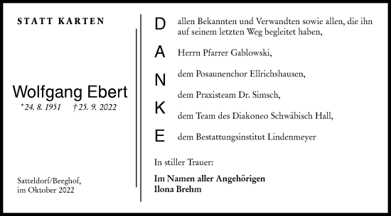 Traueranzeige von Wolfgang Ebert von Hohenloher Tagblatt