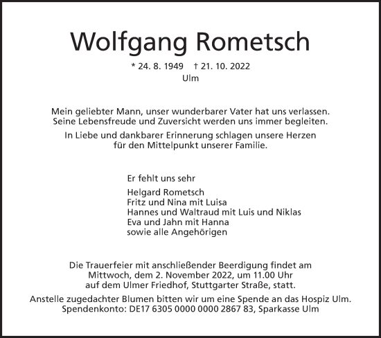 Traueranzeige von Wolfgang Rometsch von SÜDWEST PRESSE Ausgabe Ulm/Neu-Ulm