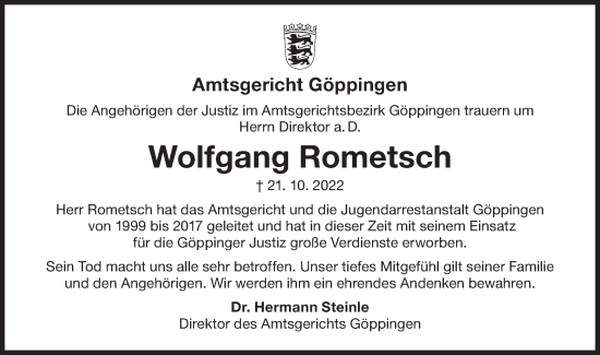 Traueranzeige von Wolfgang Rometsch von NWZ Neue Württembergische Zeitung