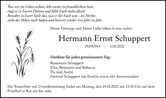 Traueranzeige von Hermann Ernst Schuppert von Hohenloher Tagblatt