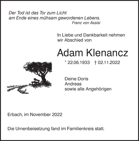 Traueranzeige von Adam Klenancz von SÜDWEST PRESSE Ausgabe Ulm/Neu-Ulm