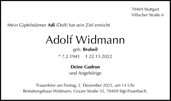 Traueranzeige von Adolf Widmann von SÜDWEST PRESSE Ausgabe Ulm/Neu-Ulm