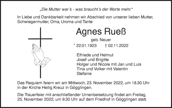 Traueranzeige von Agnes Rueß von SÜDWEST PRESSE Ausgabe Ulm/Neu-Ulm