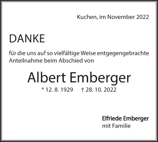 Traueranzeige von Albert Emberger von NWZ Neue Württembergische Zeitung/Geislinger Zeitung