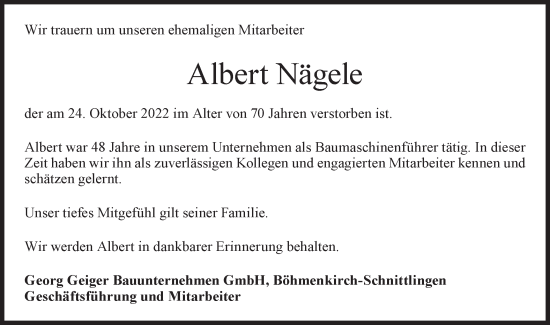 Traueranzeige von Albert Nägele von NWZ Neue Württembergische Zeitung/Geislinger Zeitung