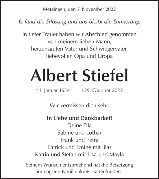 Traueranzeige von Albert Stiefel von Metzinger-Uracher Volksblatt