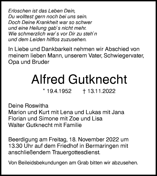 Traueranzeige von Alfred Gutknecht von SÜDWEST PRESSE Ausgabe Ulm/Neu-Ulm