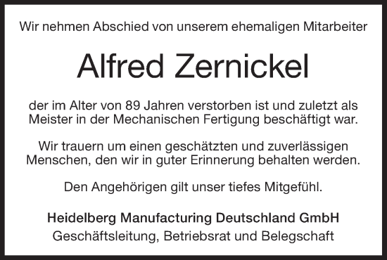 Traueranzeige von Alfred Zernickel von Geislinger Zeitung