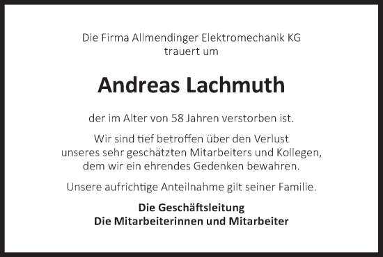 Traueranzeige von Andreas Lachmuth von NWZ Neue Württembergische Zeitung