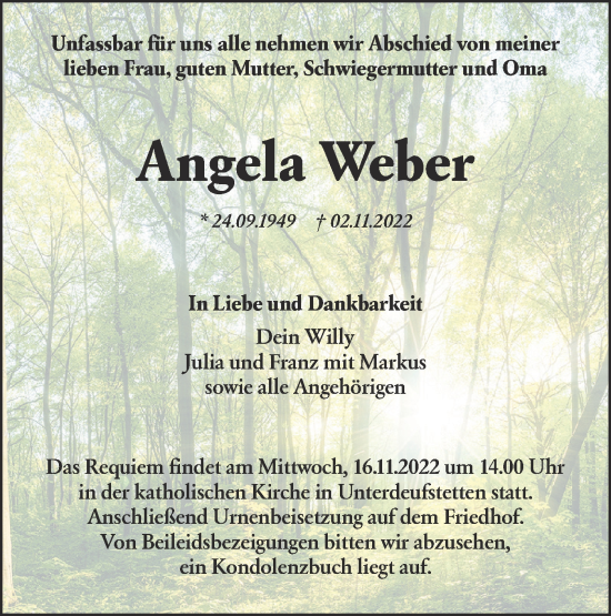 Traueranzeige von Angela Weber von Hohenloher Tagblatt