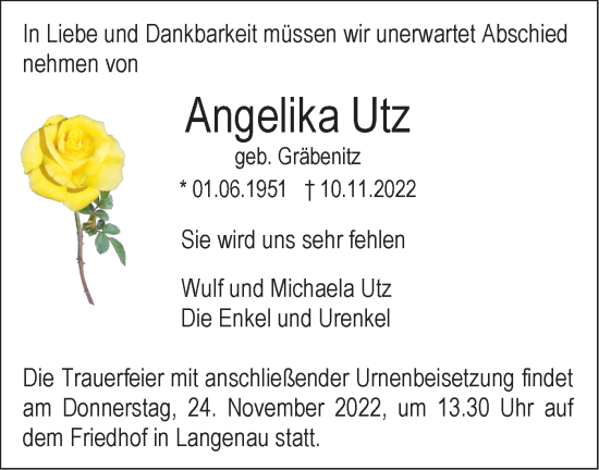 Traueranzeige von Angelika Utz von SÜDWEST PRESSE Ausgabe Ulm/Neu-Ulm