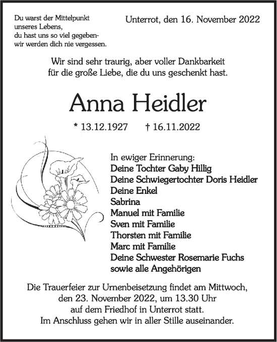 Traueranzeige von Anna Heidler von Rundschau Gaildorf