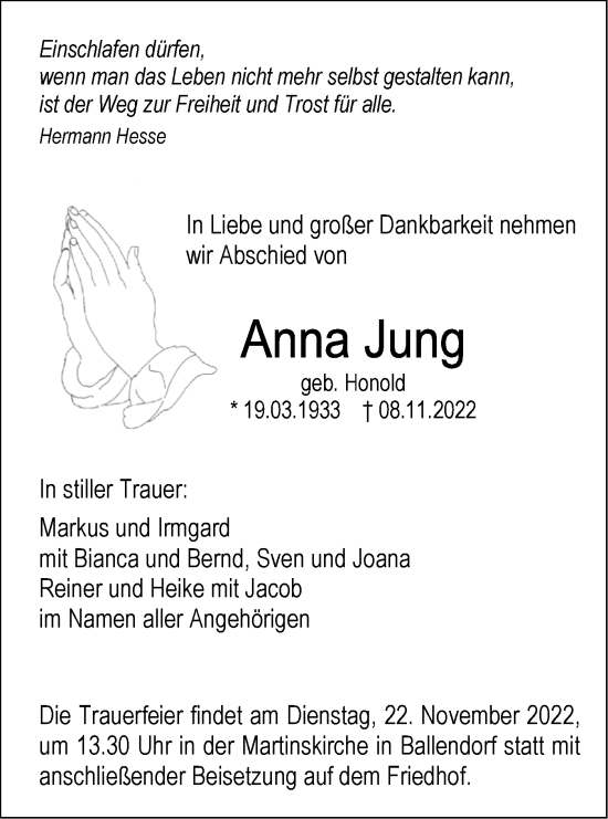 Traueranzeige von Anna Jung von SÜDWEST PRESSE Ausgabe Ulm/Neu-Ulm