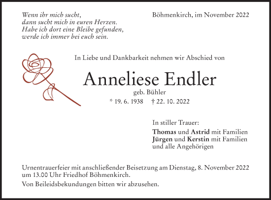 Traueranzeige von Anneliese Endler von Geislinger Zeitung