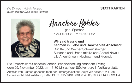 Traueranzeige von Annelore Köhler von Haller Tagblatt