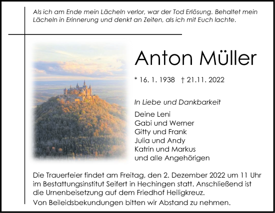 Traueranzeige von Anton Müller von Metzinger-Uracher Volksblatt