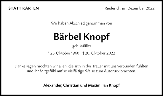 Traueranzeige von Bärbel Knopf von Metzinger-Uracher Volksblatt