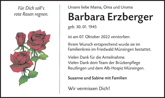 Traueranzeige von Barbara Erzberger von Alb-Bote/Metzinger-Uracher Volksblatt