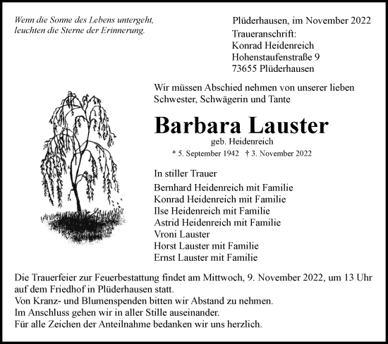 Traueranzeige von Barbara Lauster von NWZ Neue Württembergische Zeitung