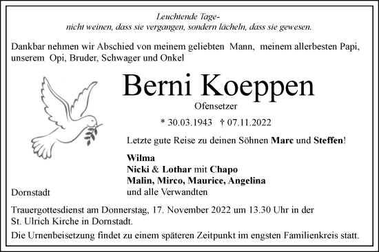 Traueranzeige von Berni Koeppen von SÜDWEST PRESSE Ausgabe Ulm/Neu-Ulm