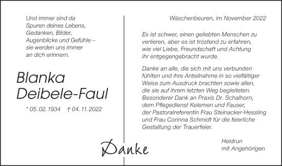 Traueranzeige von Blanka Deibele-Faul von NWZ Neue Württembergische Zeitung