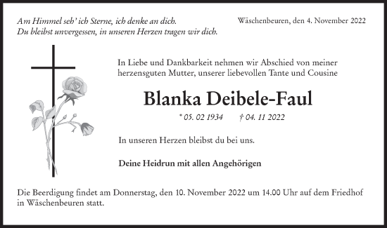 Traueranzeige von Blanka Deibele-Faul von NWZ Neue Württembergische Zeitung