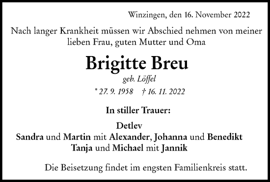 Traueranzeige von Brigitte Breu von NWZ Neue Württembergische Zeitung