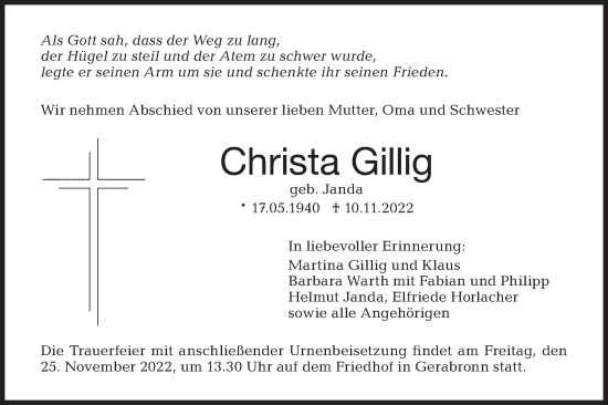 Traueranzeige von Christa Gillig von Hohenloher Tagblatt