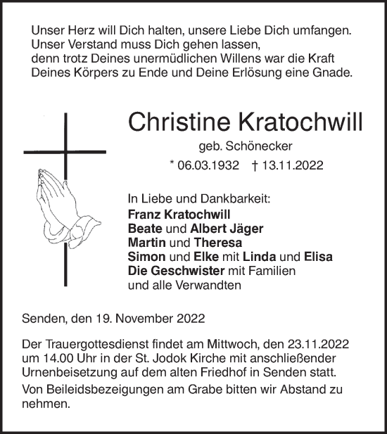 Traueranzeige von Christine Kratochwill von SÜDWEST PRESSE Ausgabe Ulm/Neu-Ulm