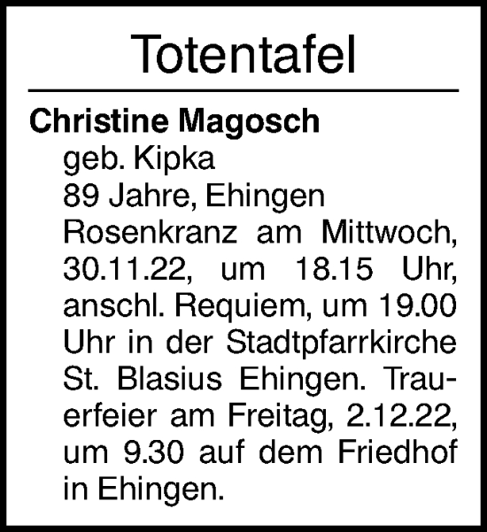 Traueranzeige von Christine Magosch von Ehinger Tagblatt