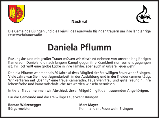 Traueranzeige von Daniela Pflumm von Metzinger-Uracher Volksblatt