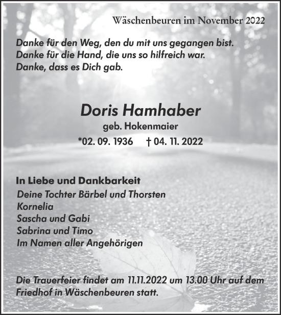 Traueranzeige von Doris Hamhaber von NWZ Neue Württembergische Zeitung