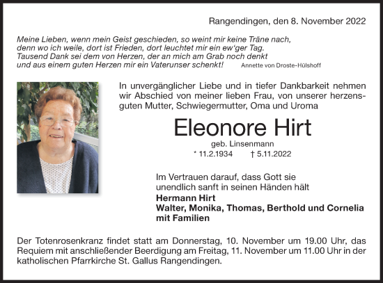 Traueranzeige von Eleonore Hirt von Metzinger-Uracher Volksblatt