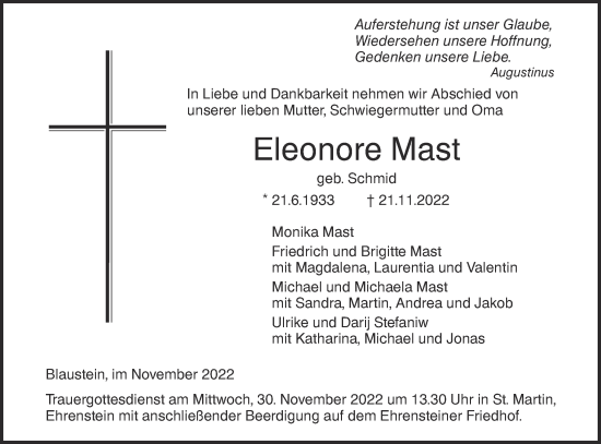 Traueranzeige von Eleonore Mast von SÜDWEST PRESSE Ausgabe Ulm/Neu-Ulm