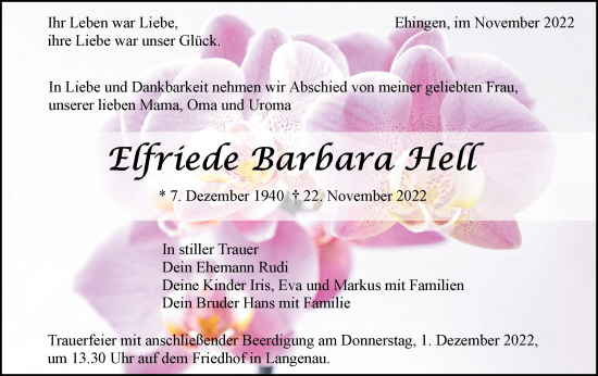 Traueranzeige von Elfriede Barbara Hell von Ehinger Tagblatt