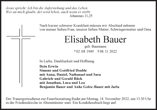 Traueranzeige von Elisabeth Bauer von Hohenloher Tagblatt