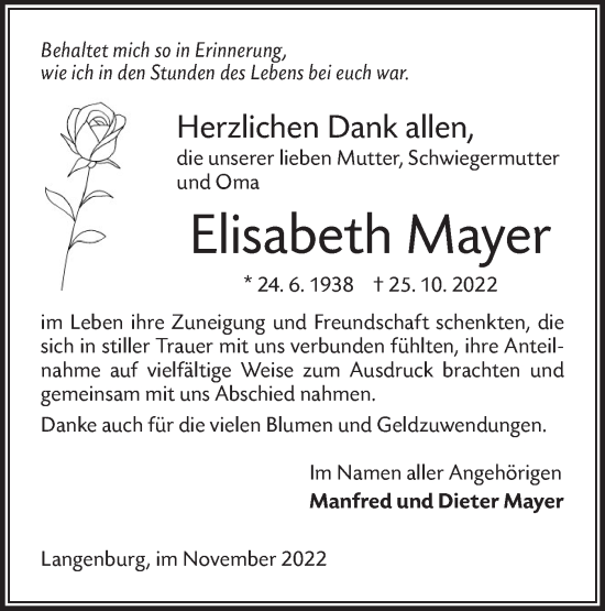 Traueranzeige von Elisabeth Mayer von Hohenloher Tagblatt