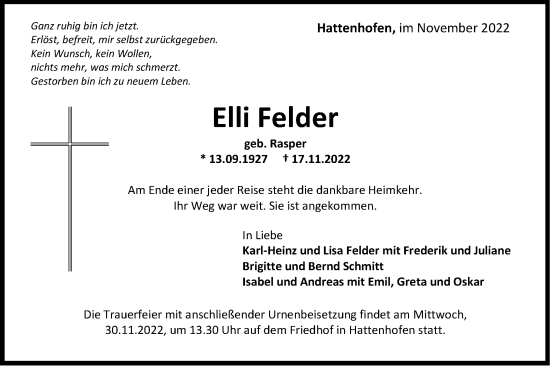 Traueranzeige von Elli Felder von NWZ Neue Württembergische Zeitung