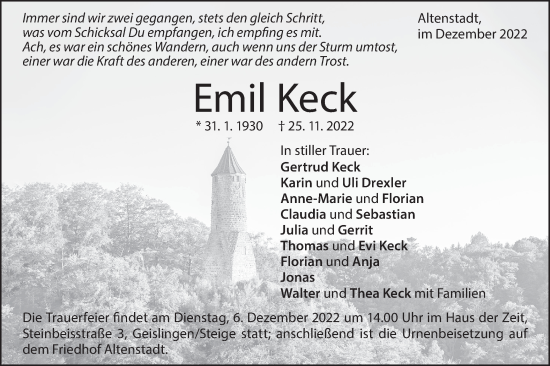 Traueranzeige von Emil Keck von Geislinger Zeitung