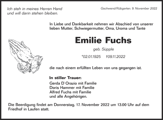 Traueranzeige von Emilie Fuchs von Rundschau Gaildorf