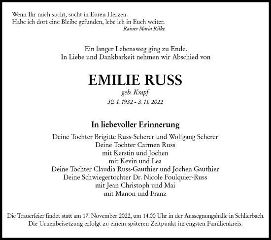 Traueranzeige von Emilie Russ von NWZ Neue Württembergische Zeitung