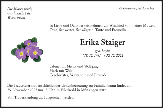 Traueranzeige von Erika Staiger von Metzinger-Uracher Volksblatt